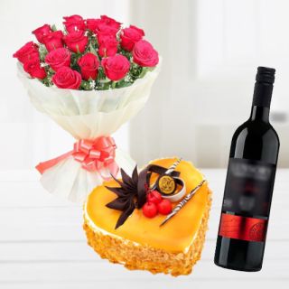 Bunch of 25 red roses with heart shape butterscotch cake with bottle of red wine 