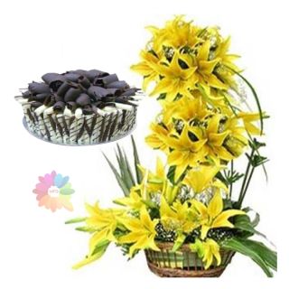3 feet height arrangement of exotic yellow lilies with 1 kg choco stIck premium quality cake 