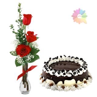 3 red roses arranged in glass vase with 1 kg choco vanilla cake