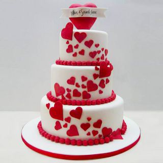 3 storey fondant  love theme cake in 5 kg in vanilla strawberry flavour 
