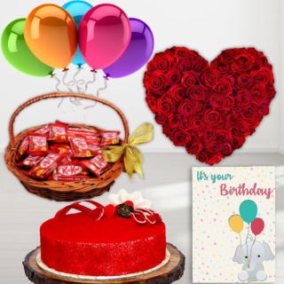 Heart shape arrangement of 40 red roses, basket of 20 kitkat chocolates, red velvet cool cake, birthday Greeting card, with 5 blown balloons