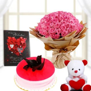 40 pink roses bunch, 6 inch teddybear, half kg strawberry cake, valentine greeting card 