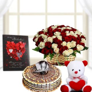 40 red and white roses basket, half kg butterscotch cake, 6 inch white teddybear with valentine greeting card 