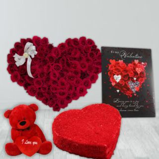 40 red roses heart shape arrangement, half kg red velvet heart shape cake, 6 inch red teddybear, valentine greeting card 