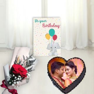 single red rose, 1 kg heart shape chocolate photo cake, Birthday card 