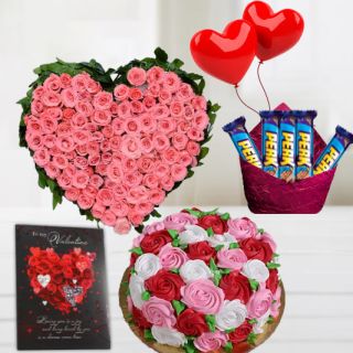 40 pink roses heart shape Arrangement , half kg premium quality floral theme  cake in vanilla flavour  , 2 heart shape balloons, pack of 5 perk chocolates with greeting card