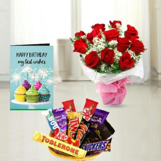 Bunch of 15 red roses, basket of premium assorted chocolates, birthday greeting card 