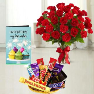 Vase arrangement of 20 red roses with red carnations,  basket of premium assorted chocolates, birthday greeting card 