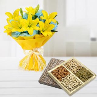 Bunch of 8 yellow lilies with box of half kg assorted dryfruits