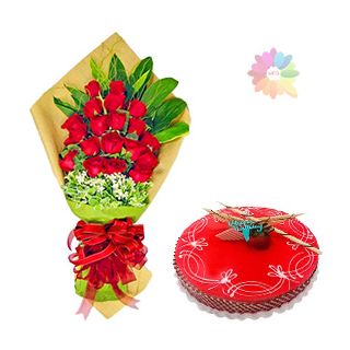 Bunch of 20 red roses with  strawberry  Fresh cream cool cake