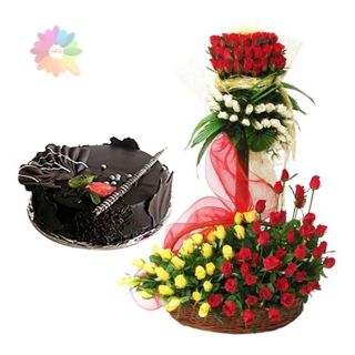 4 feet height arrangement of 150 red and yellow roses with 1 kg chocolate fantasy cake