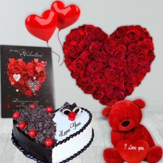50 red roses heart shape arrangement, 1 kg heart shape black forest cake, 1 feet height red teddybear, valentine  greeting card, 2 heart shape balloon 