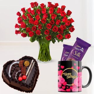 50 red roses in glass vase, Half kg heart shape chocolate fantasy cake with 2 dairy milk silk in photo mug 