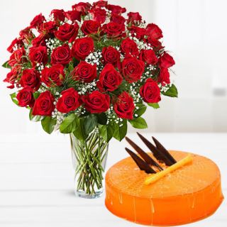 50 red roses vase arrangement with orange cool cake 