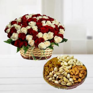 Basket of 50 red and white roses with half kg assorted dry fruits 