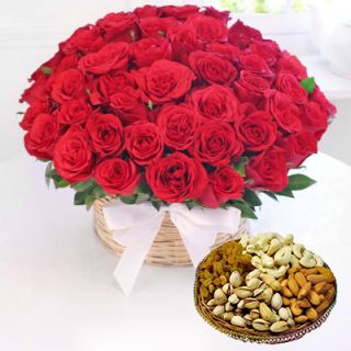 Basket of 50 red roses with box of Half kg assorted dry fruits 
