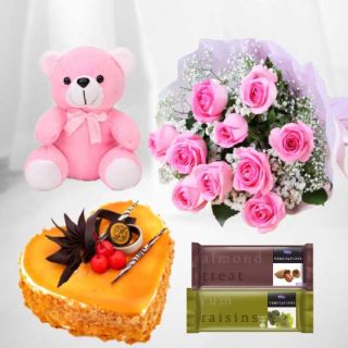 Beautiful bouquet of 10 pink roses , with 6 inch pink teddybear with pair of 2 temptations chocolates with heart shape premium quality mango cool cake 