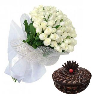 60 White Roses Bunch With 1 Kg Chocolate Cake