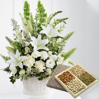 Exotic basket arrangement of lilies&roses with 1 kg assorted dryfruits 