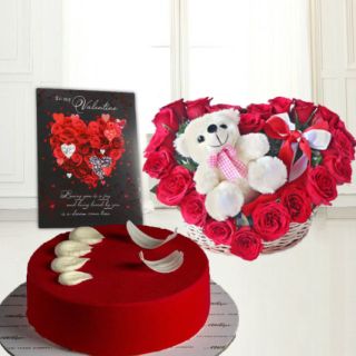 6 inch teddybear in heart shape arrangement of 15 red roses, valentine Greeting card, half kg red velvet cake 