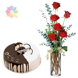 6 red roses arranged in glass vase with 1 pound chocovanilla fresh cream cake 