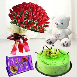 Bunch of 50  red roses , kiwi cake, 1 feet height teddybear with 2 dairy milk silk chocolates 