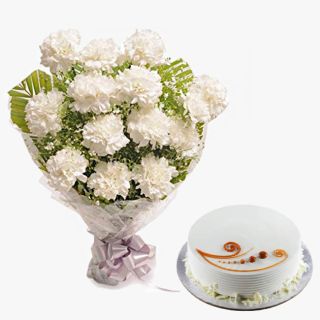 Bunch of 12 white carnation with 1 pound vanilla fresh cream cake
