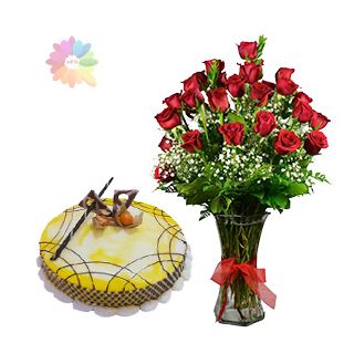15 red roses in glass vase with half kg pineapple cake