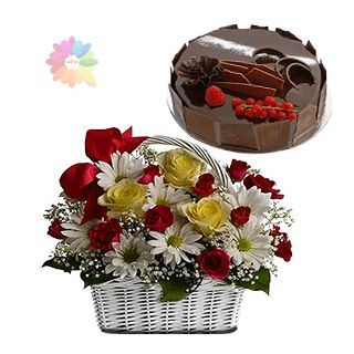 Basket of mix flowers with Half kg chocolate truffle cake