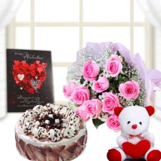 8 pink roses bunch, half kg choco vanilla cake, valentine greeting card, 6 inch teddybear 