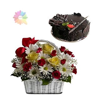 Basket arrangement of 15 mix flowers with 1 kg chocolate fantasy cake