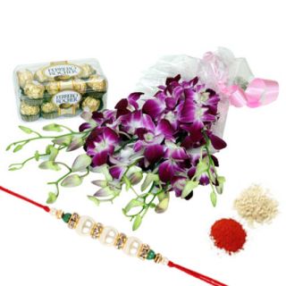 A beautiful bouuquet of 10 lavender orchids with 16 pcs rocher ferrero chocolates with 1 rakhi and roli chawal