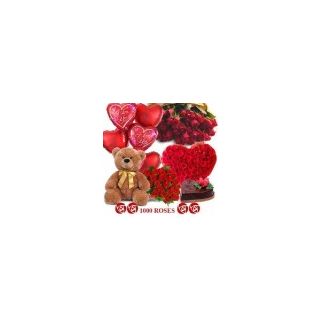 A grand bouquet of 1000 roses with 3 feet height teddy bear with 20 heart shape balloons with 1 kg chocolate truffle fresh cream cake