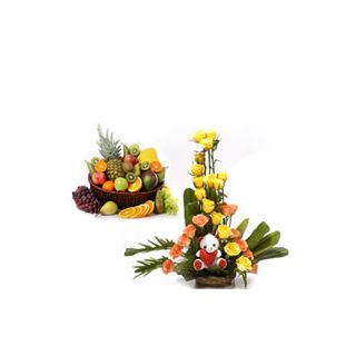 Arrangement Of 30 Pink And Yellow Roses With Teddy Bear Sitting In It With Basket Of 2 Kg Seasonal Fruits