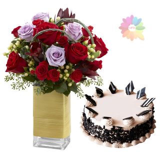 Arrangement of Mix colour roses in glass vase  with 1 kg choco vanilla cake