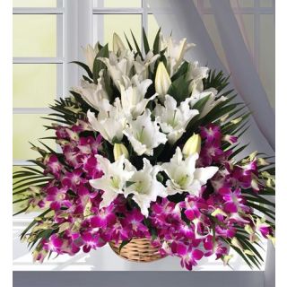 Basket arrangement of 12 lavender orchids with 10 white lilies 