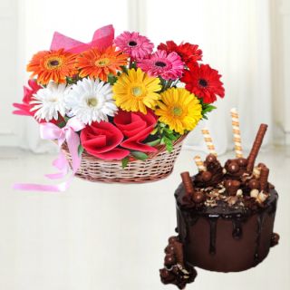 Basket arrangement of 12 mix colour gerberas with chocolate explosion