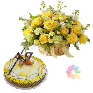 Basket arrangement of 15 yellow roses with 1 kg pineapple fresh cream cake 