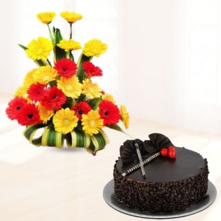 Basket Arrangement of 20 red and yellow gerberas with choco chips cool cake 
