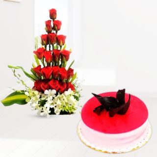 Basket arrangement of 20 red roses with 5 white orchids with strawberry cool cake 