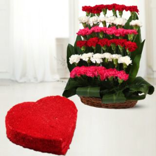 Basket Arrangement of 30 mix colour carnations with heart shape red velvet cake 