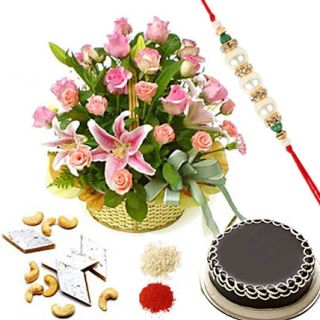 basket arrangement of mix flowers with 1 kg chocolate fresh cream cake with 1 rakhi and roli chawa