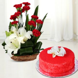 Basket arrangement of red carnations with white lilies with red velvet cool cake 