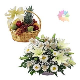 basket of 50 red and white roses with 2 kg mix fruit basket 