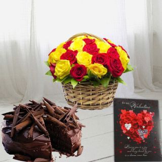 Basket of 12 red and yellow roses , Half kg chocolate truffle premium quality cake, valentine Greeting card