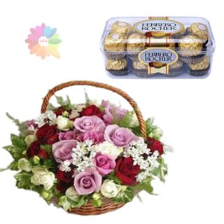 Basket of 15 mix colour roses with 16 pcs rocher ferrero chocolates 