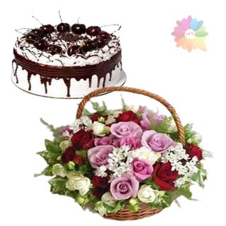 Basket of 15 mix colour roses with 1 kg black forest cake