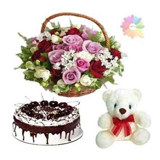 basket of 15 mix colour roses with black forest cake with 6 in teddy bear