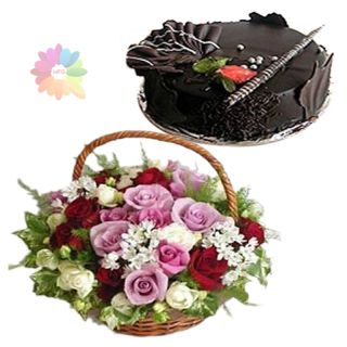 Basket of 15 mix roses with 1 pound chocolate fantasy cake 