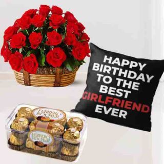 Basket of 15 red roses, 16 pcs ferrero rocher chocolates, wth photo cushion 